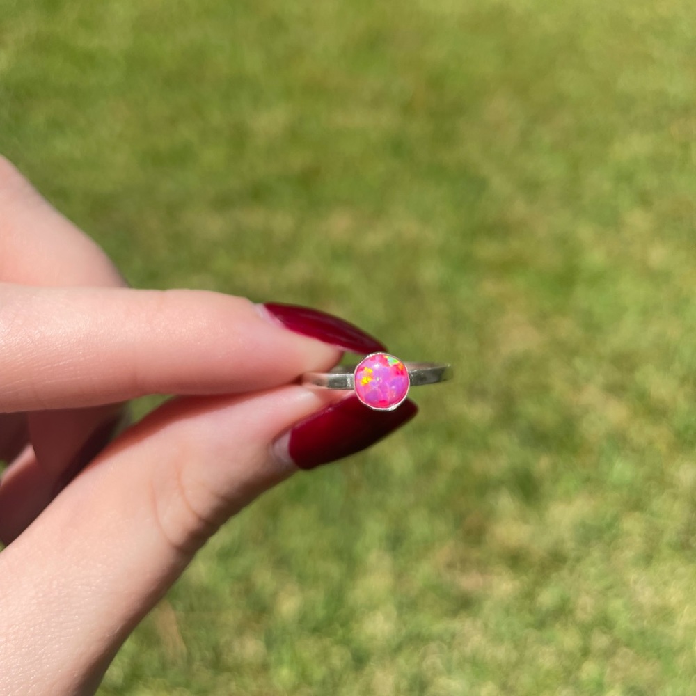 Handmade Sterling Silver Ring Band with Pink Opal - Picture 2 of 9
